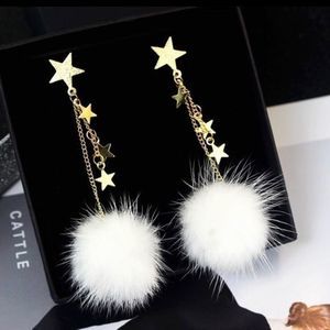 White Angel Pompon Earrings with Gold Tone Star